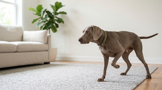 Weimaraner dog standing in a pointing pose on a living room rug. Alert purebred canine wearing a green collar in a bright modern home interior. Copy space for text