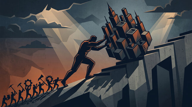 Dramatic illustration of a man reaching for another on a precarious ledge