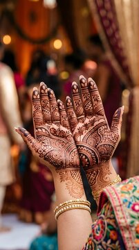 Closeup of a brides hands adorned with intricate henna mehndi designs, showcasing traditional indian wedding artistry with detailed patterns and gold bangles