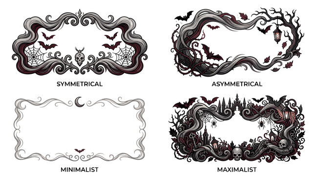 Set of four ornate decorative frames with symmetrical, asymmetrical, minimal, and maximal styles