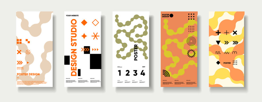 Modern abstract poster design collection with organic shapes, geometric symbols, bold typography, and varied editorial layouts displayed against a light background.