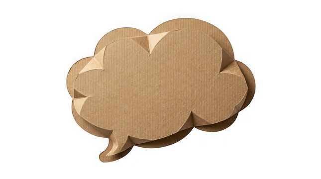 Brown cardboard cloud speech bubble with folded edges isolated on transparent background