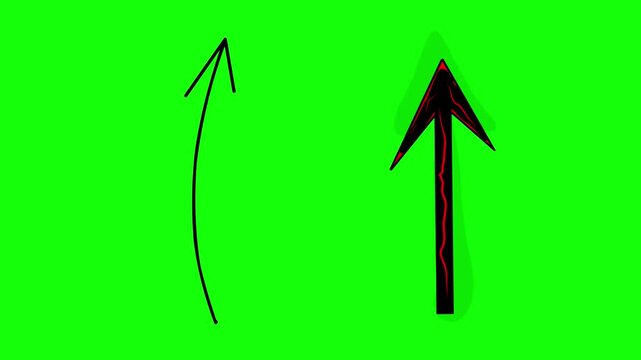 Animated hand-drawn pointing assets including a thin sketchy line arrow and a thick textured red and black arrow overlay on a chroma key background.
