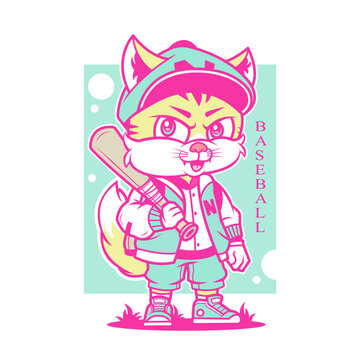 Cute Baseball Player Cat Vector Illustration with Bat and Varsity Jacket