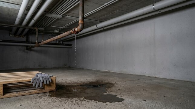 Rusty pipe dripping water onto concrete floor in unfinished basement. Apartment maintenance emergency concept with wooden pallet and work gloves