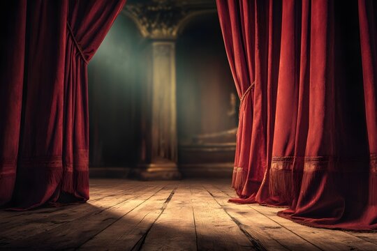 Red theatre curtains parted on wooden stage with ornate columns