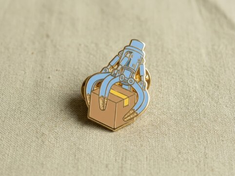 Robotic Claw Enamel Pin on Beige Fabric for commercial design and digital marketing content