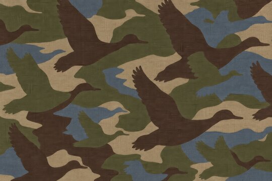 Camouflage pattern with flying duck silhouettes creating hunting design