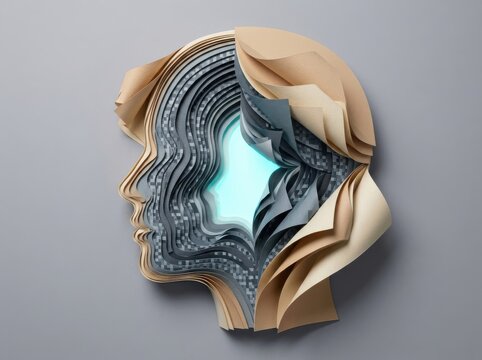 Paper silhouette profile with glowing mind concept 3D render
