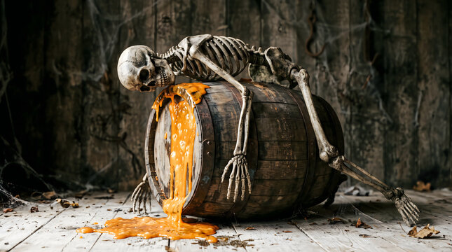 Human skeleton rests slumped over a weathered wooden barrel leaking bright orange viscous liquid in this cinematic hyper-realistic scene featuring dramatic textures and detailed bone structure.