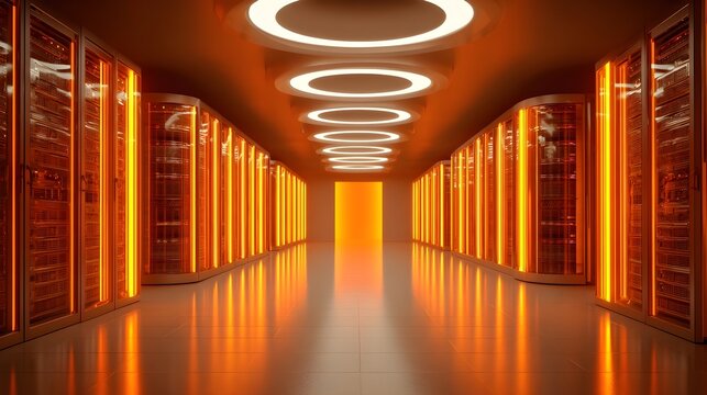 Futuristic orange lit data center corridor with server racks and circular lights