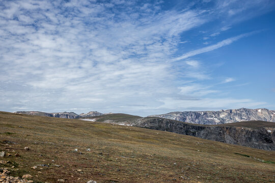 Scenic High Mountain Landscape at Beartooth Pass Under Clear Blue Skies, Montana, USA