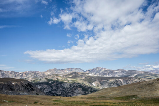 Scenic High Mountain Landscape at Beartooth Pass Under Clear Blue Skies, Montana, USA