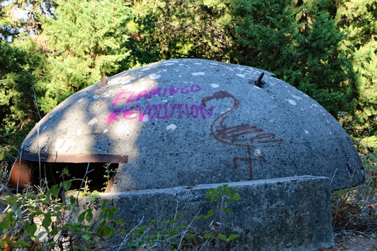 Defensive bunker with Flamingo Revolution graffiti on Sazan Island, Albania