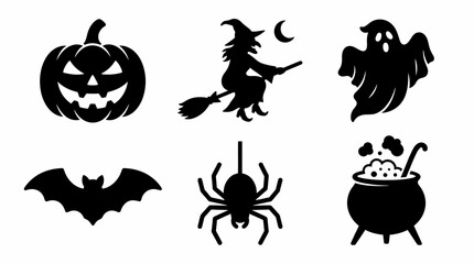 Fototapeta premium Halloween black silhouette icons set with pumpkin witch ghost and bat isolated on white background for editable eps
