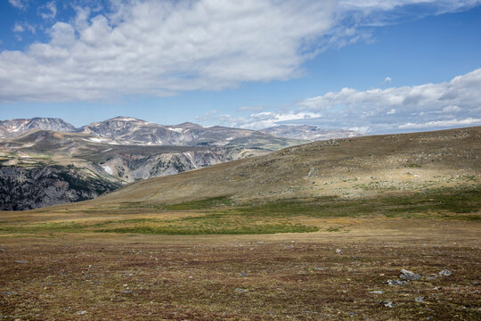 Scenic High Mountain Landscape at Beartooth Pass Under Clear Blue Skies, Montana, USA