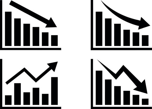 Four black and white charts illustrating financial trends growth and decline