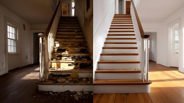 Split view of damaged and renovated wooden staircase in interior