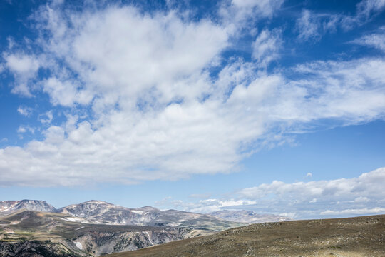 Scenic High Mountain Landscape at Beartooth Pass Under Clear Blue Skies, Montana, USA