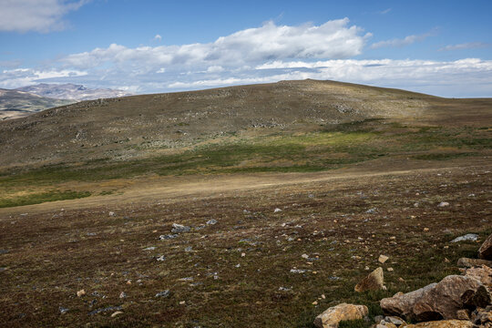 Scenic High Mountain Landscape at Beartooth Pass Under Clear Blue Skies, Montana, USA