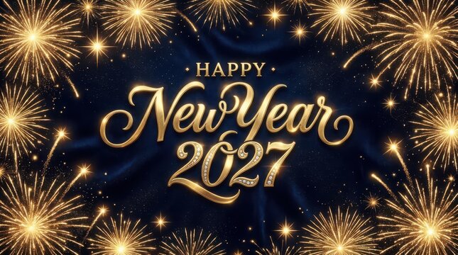 Happy new year 2027 elegant typography with golden fireworks frame on a dark blue textured background