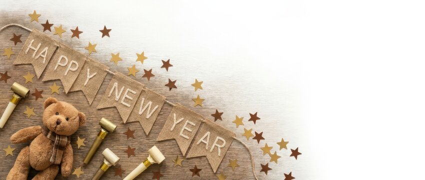 Happy new year burlap banner with teddy bear and party blowers on wooden background