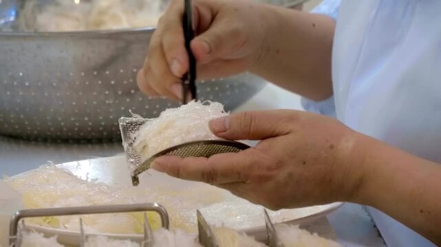 The manual cleaning process of edible bird's nests (yanwo), a delicacy made from the solidified saliva of swiftlets. Female worker uses tweezers to carefully remove feathers, debris, and impurities 