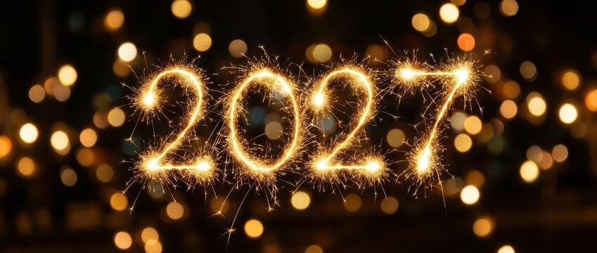 2027 new year celebration background with glowing sparkler numbers and festive bokeh lights in the dark