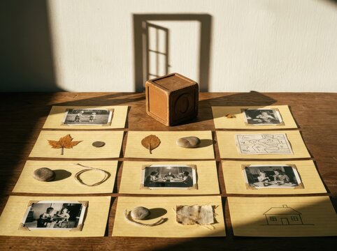 Memory Box Still Life with Photos Leaves and Shadow