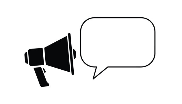 Simple black icon of a megaphone next to an empty speech bubble for customized text or announcements on a white background.