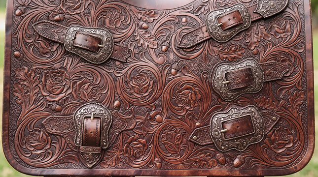 Tooled leather saddle flap with intricate floral carving, embossed rose patterns, and ornate metal buckles on dark brown textured hide