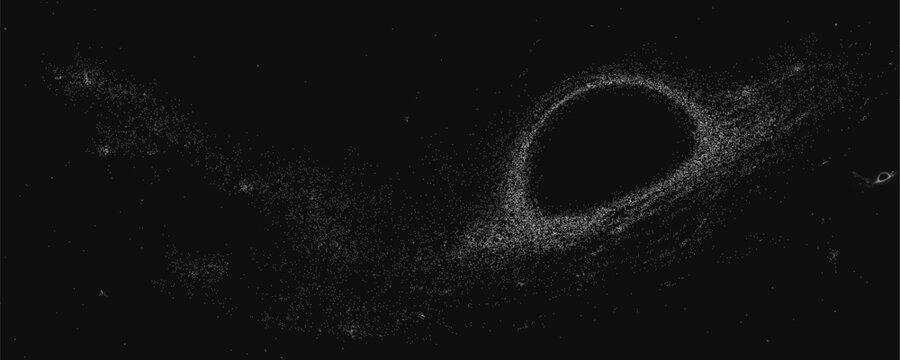 Black hole with vast circular particle halo, sweeping cosmic dust and scattered stars in pointillist stipple texture. Dark deep space panorama for science poster, album cover, collage. Vector bg