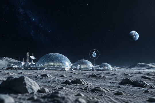 Lunar base habitat domes on moon surface, scarce water resource concept
