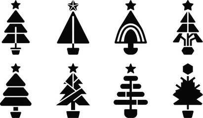 Fototapeta premium A Set Of Minimalist Geometric Christmas Tree Icons Featuring Various Abstract Shapes And Stars For Holiday Season Graphic Design, Seasonal Marketing, And Modern Festive Branding
