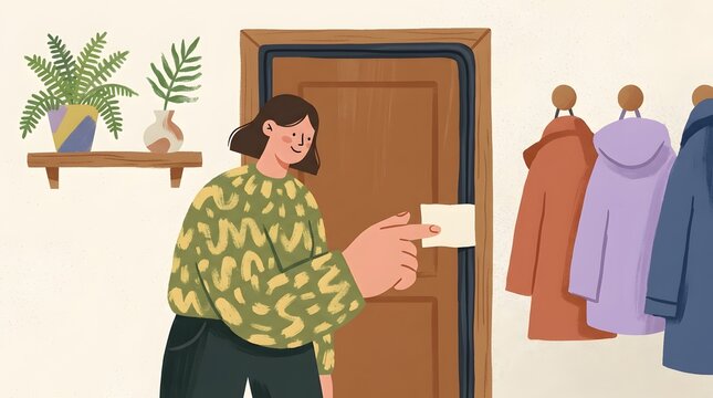Woman testing draft air leak on front door seal with small paper note