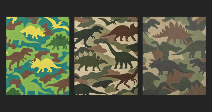Dinosaur camouflage fabric background triptych, set of 3 kids dino camo variations side by side in natural light with copy space for banner, kids party and nursery design