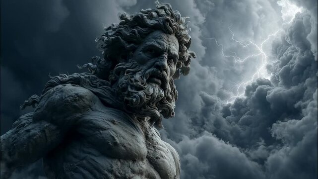Statue of Zeus overlooking dramatic storm clouds and thunderbolts