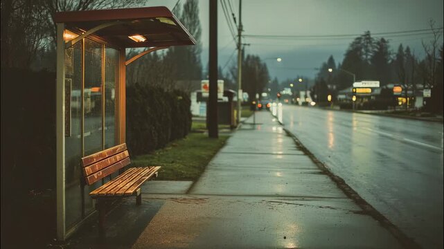 Empty bus stop shelter with wooden bench on rainy street at twilight