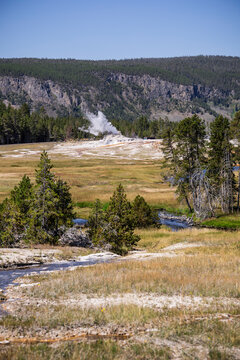 Geothermal Geysers and Colorful Hydrothermal Landscapes Around Old Faithful in Yellowstone National Park, Wyoming, USA