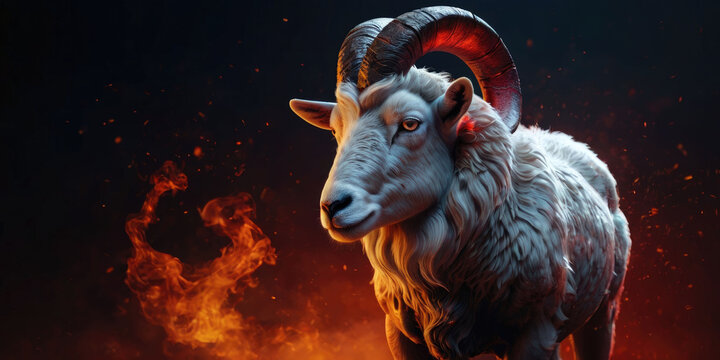 A majestic white ram with large spiral horns stands proudly amidst a dark environment filled with burning fire flames. Mythical fantasy animal character portrait backdrop.  Red Fire Goat