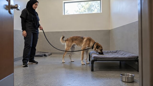 Boarding attendant waits with a slack leash while a dog investigates a low bed at its own pace in a private kennel room with washable surfaces and daylight entering through a high window