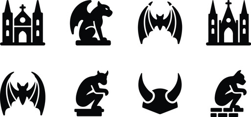 Obraz premium Minimalist Gothic Cathedral Architecture And Mythical Stone Gargoyle Silhouettes For Creative Historical Design Projects, Featuring Detailed Black Vector Symbols On A Clean Backdrop.