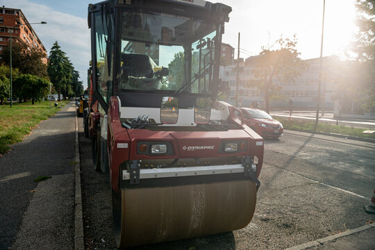 asphalt road roller compactor for urban road construction work, Turin, Italy, August 28, 2026