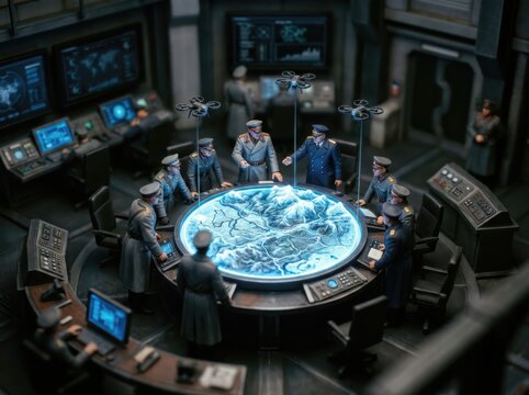 Maquette War Room With Military Officers Around Holographic Table