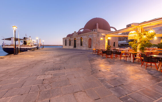 Kucuk Hasan Mosque at Chania Venetian Harbor at Dawn, Crete, Greece