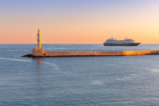 Chania Lighthouse and Cruise Ship at Sunrise, Crete, Greece
