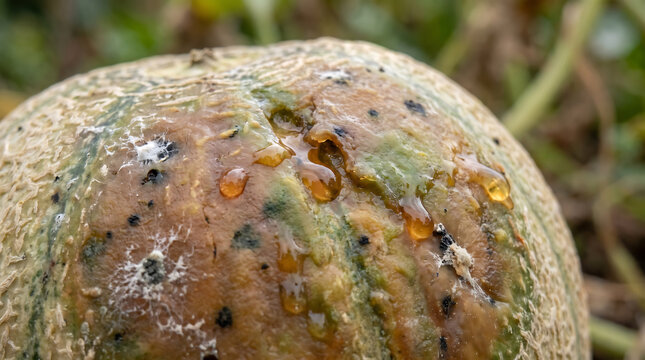 Close up of a rotting cantaloupe melon with visible mold and liquid decay on a farm field background