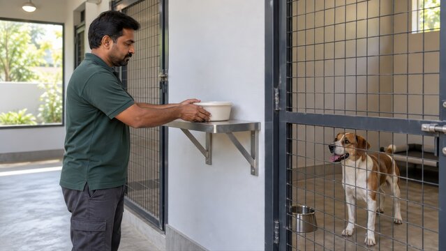 Boarding attendant places a closed food tub on a shelf outside a private kennel enclosure while the dog waits behind the latched gate during preparation of an individual feeding routine