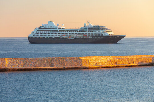 Cruise Ship Near Chania Harbor at Sunrise, Crete, Greece