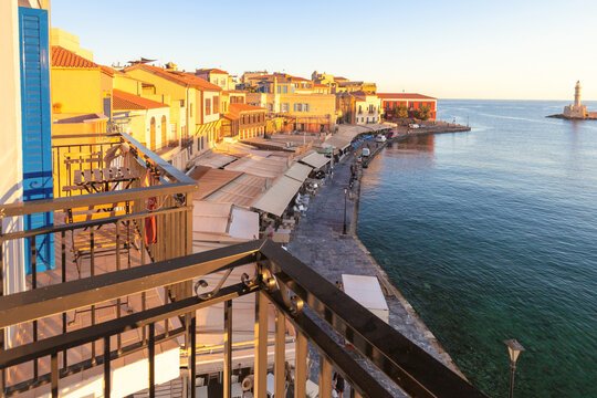 Chania Old Venetian Harbor and Lighthouse at Sunrise, Crete, Greece